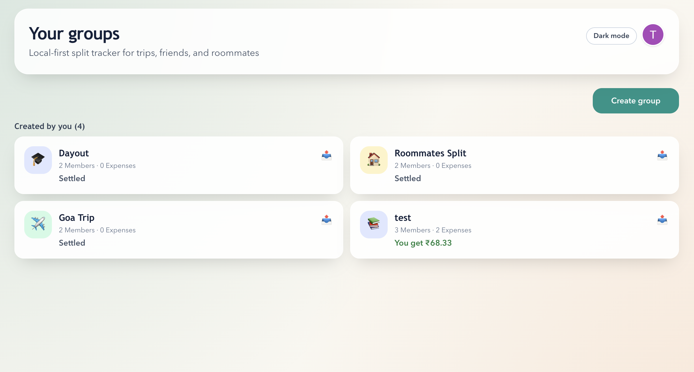 SplitEazy dashboard showing expense tracking and group management